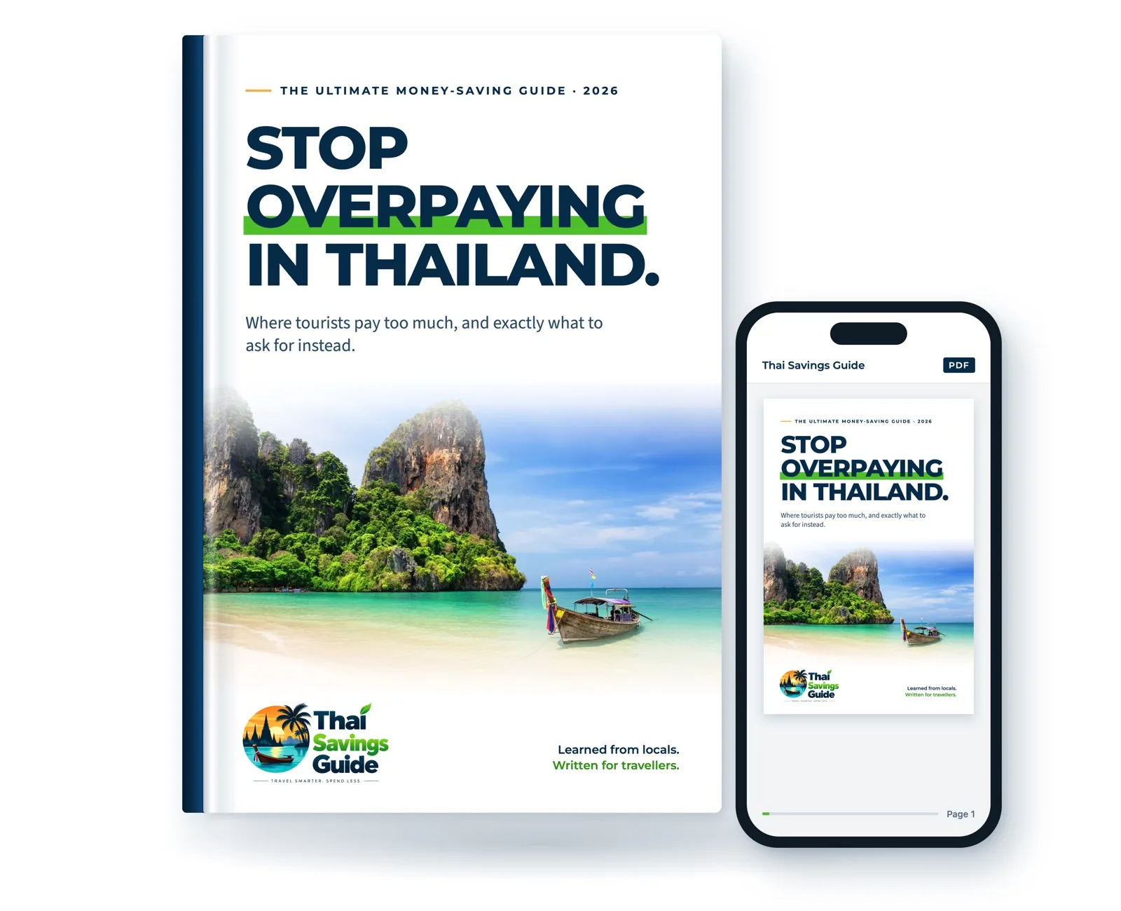 The Thai Savings Guide ebook, shown as a book cover and open in a PDF reader on a phone